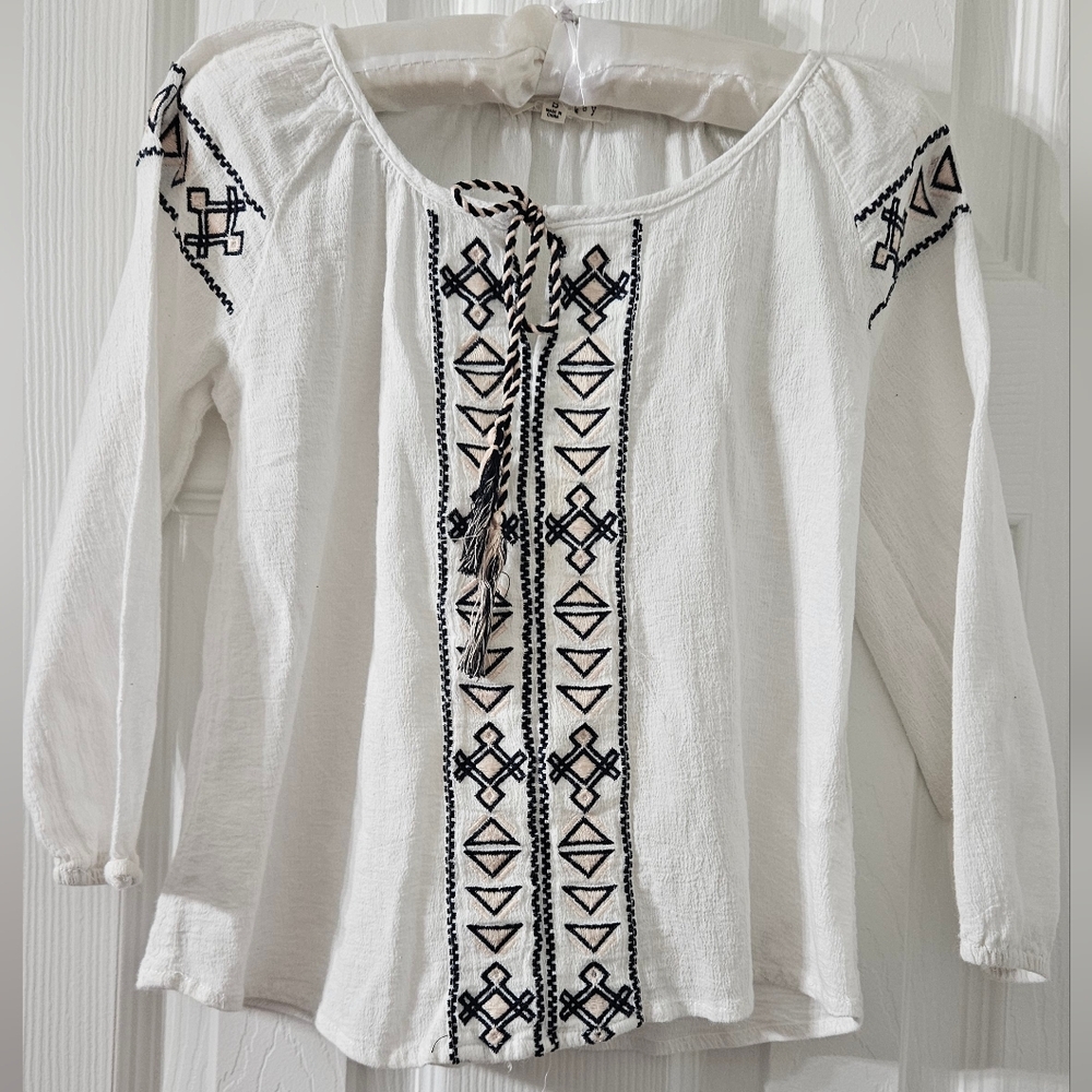 White Blouse with Navy Embroidery